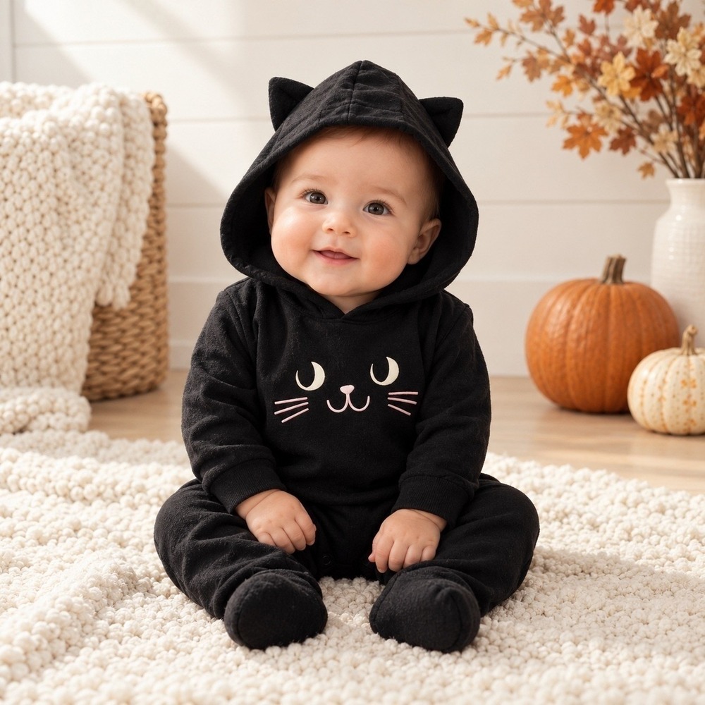 Cat & Jack Baby Black Cat Hooded Jumpsuit with Ears Size 3M NWT